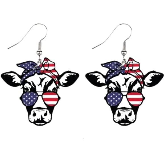 Patriotic Light Wood Cow Earrings - Picture 1 of 7